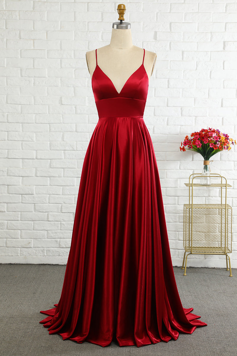 Load image into Gallery viewer, Simple A Line Spaghetti Straps Burgundy Long Prom Dress with Cirss Cross Back