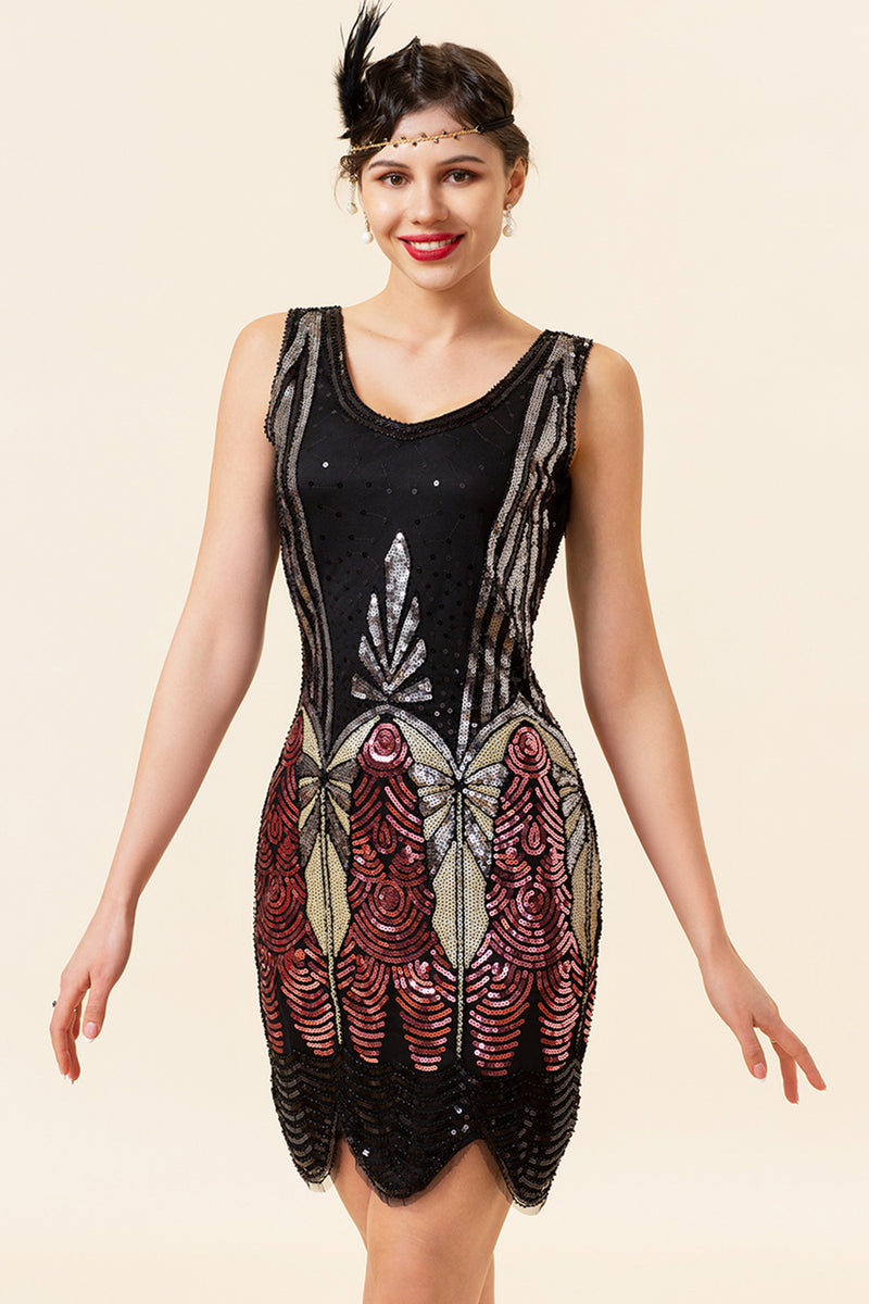 Load image into Gallery viewer, V Neck Black &amp; Red Sequins Cocktail Party Dress