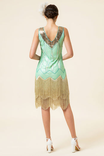 Sequins Green Short 1920s Party Dress With 20s Accessories Set