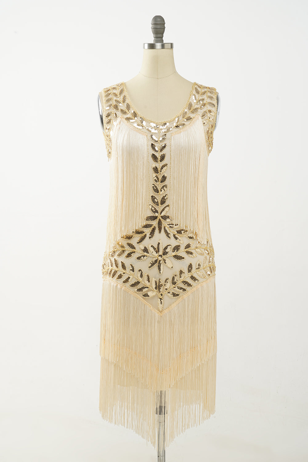 Champagne Gatsby 1920s Dress with Sequins and Fringes