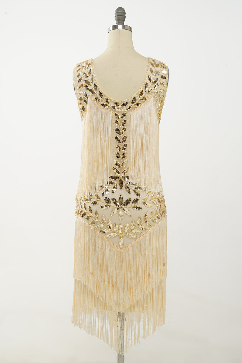 Load image into Gallery viewer, Champagne Gatsby 1920s Dress with Sequins and Fringes