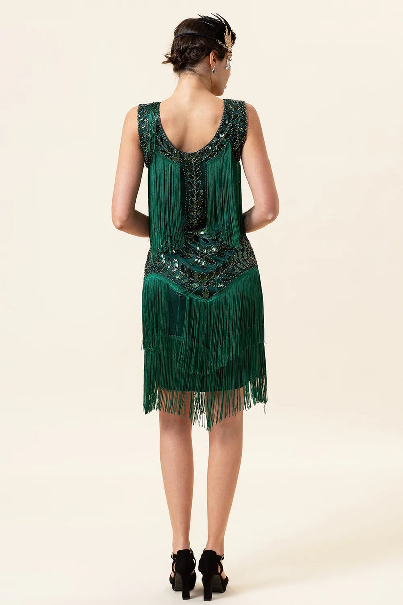 Load image into Gallery viewer, Dark Green Beaded Gatsby 1920s Dress With 20s Accessories Set