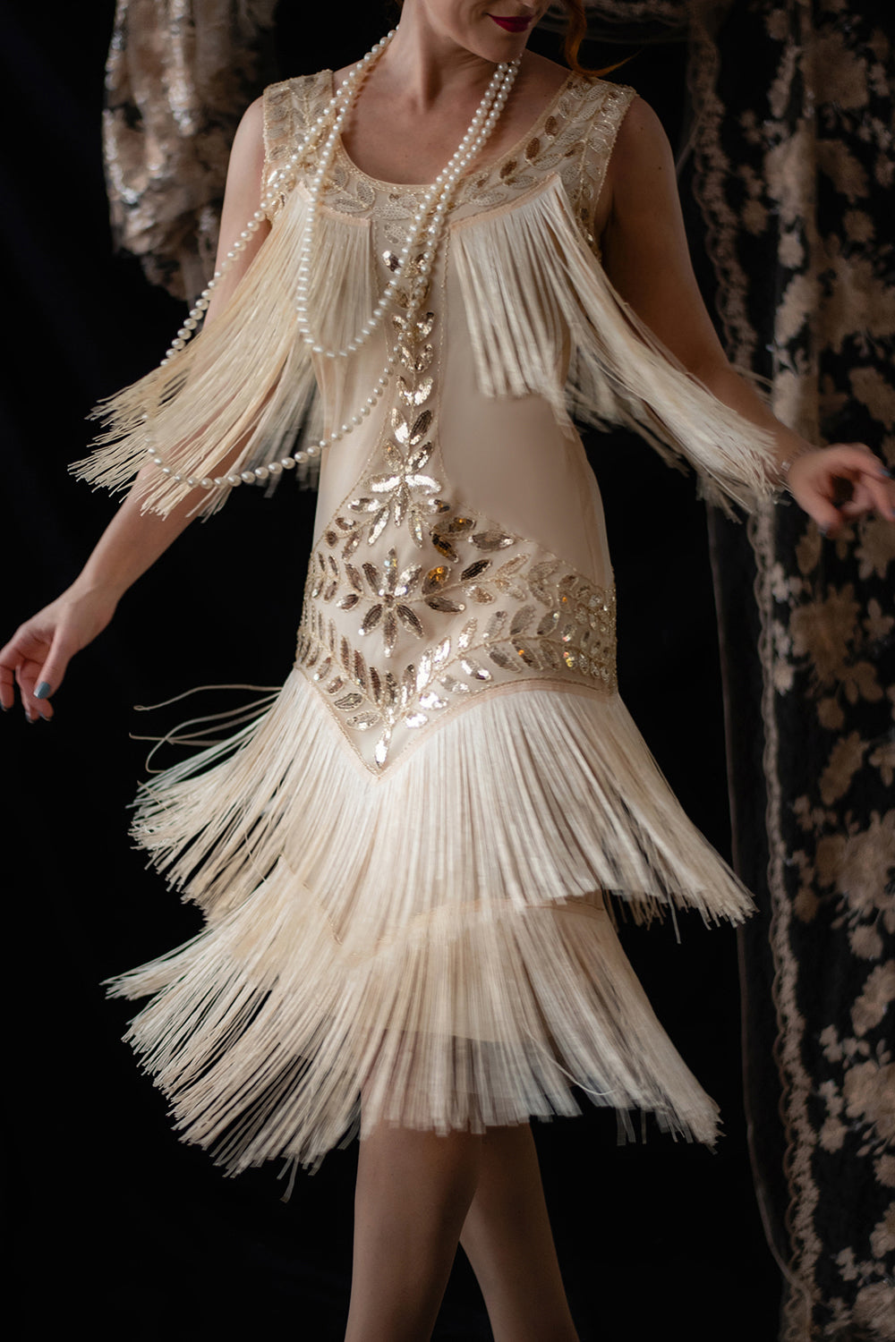 Champagne Gatsby 1920s Dress with Sequins and Fringes