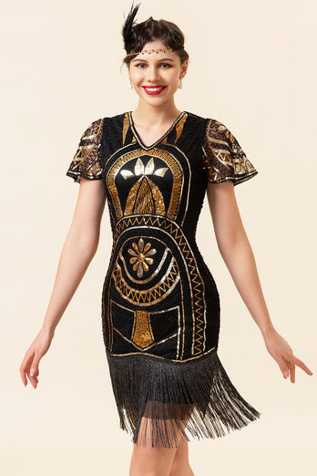 Sequin Black 1920s Dress with Fringes