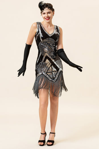 Silver Sequin V-neck 1920s Dress with Fringes