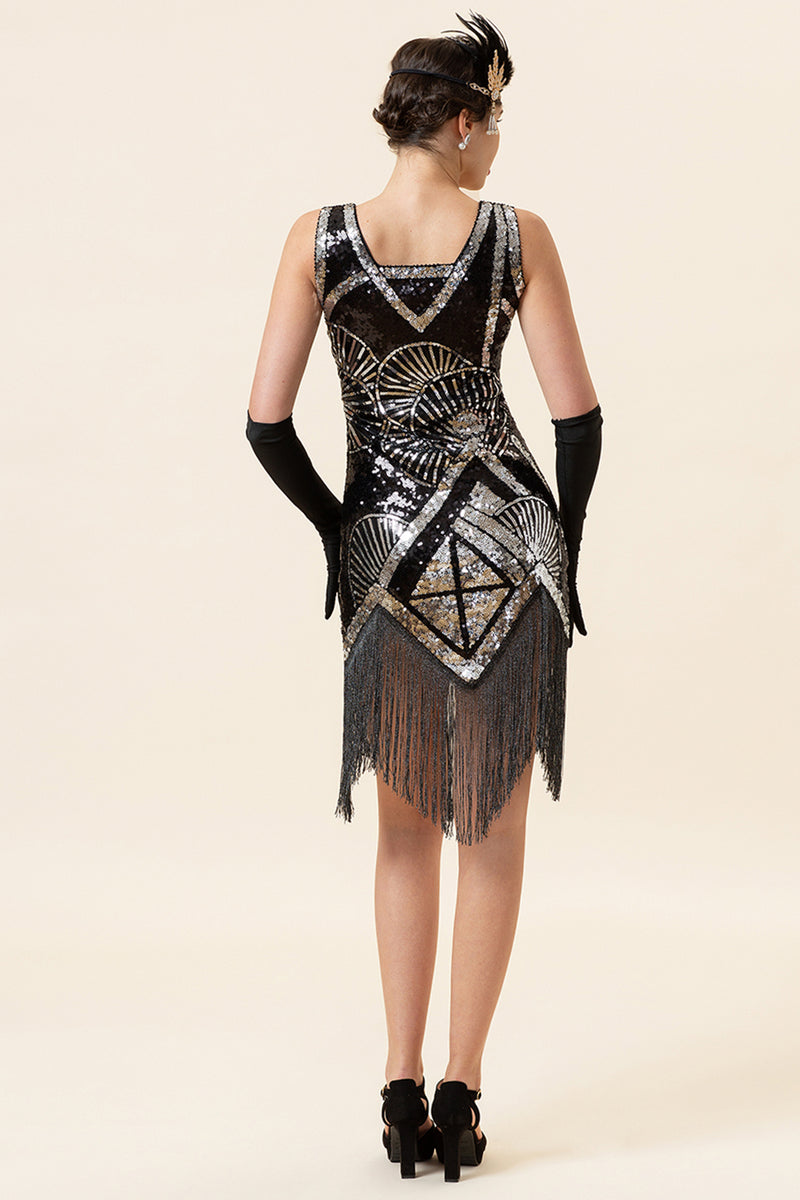 Load image into Gallery viewer, Silver Sequin V-neck 1920s Dress with Fringes