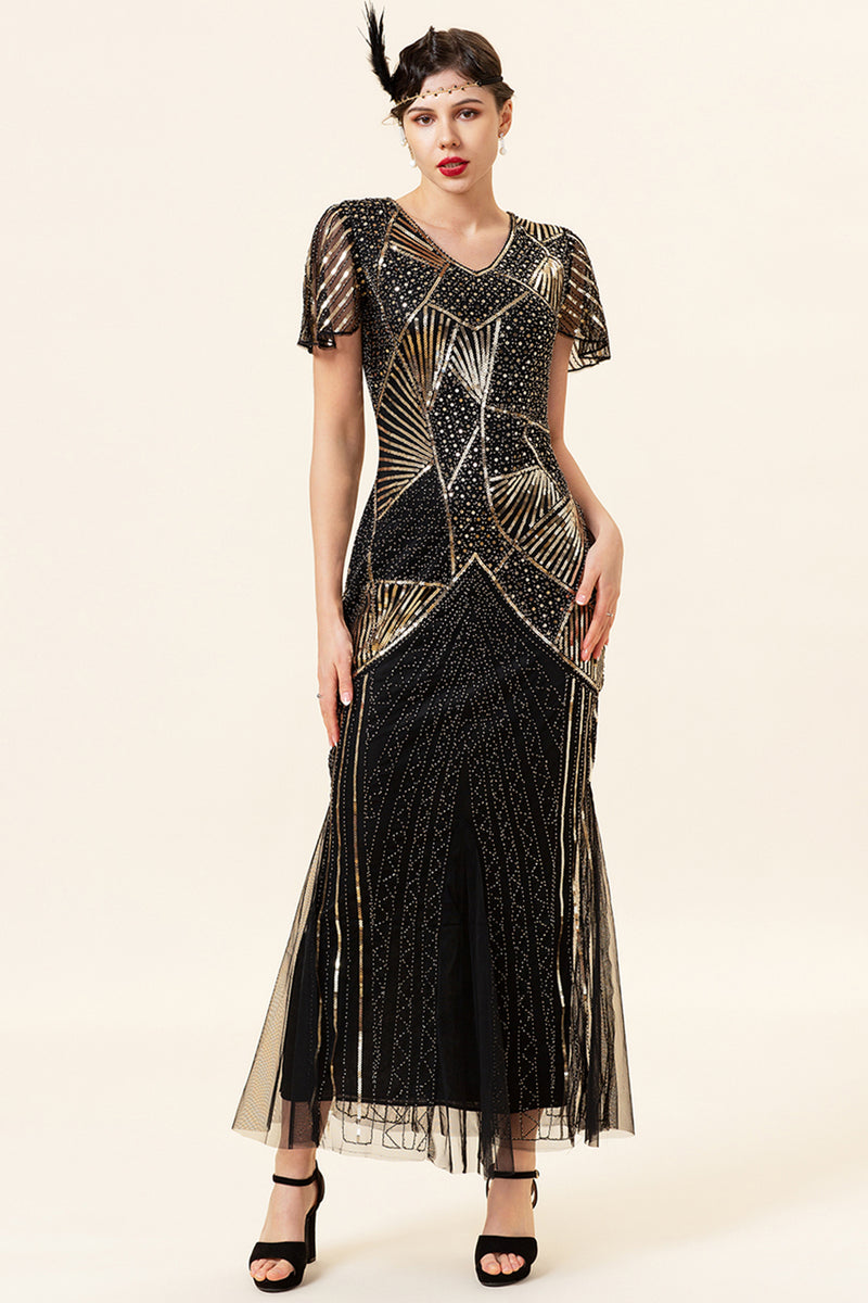 Load image into Gallery viewer, Black and Gold Sequin Long Formal Dress with Sequins