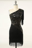 Load image into Gallery viewer, Black Golden One Shoulder 1920s Flapper Dress With Fringes