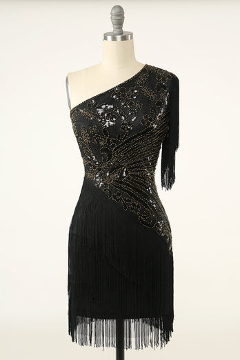 Black Golden One Shoulder 1920s Flapper Dress With Fringes