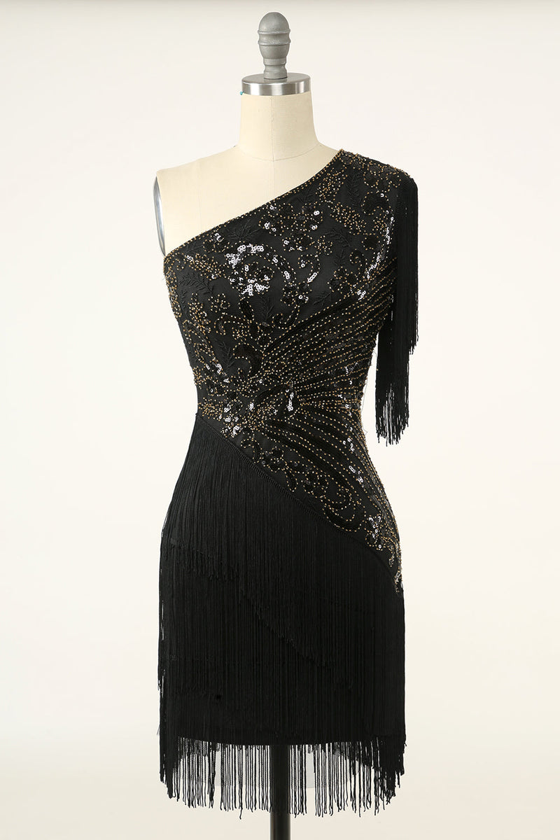 Load image into Gallery viewer, Black Golden One Shoulder 1920s Flapper Dress With Fringes