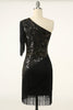 Load image into Gallery viewer, Black Golden One Shoulder 1920s Flapper Dress With Fringes