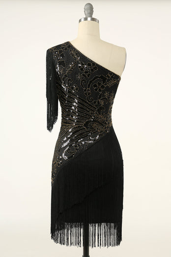 Black Golden One Shoulder 1920s Flapper Dress With Fringes