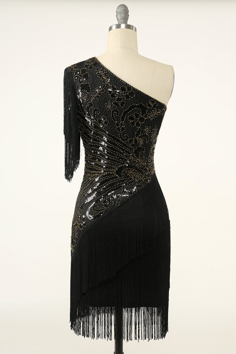 Load image into Gallery viewer, Black Golden One Shoulder 1920s Flapper Dress With Fringes