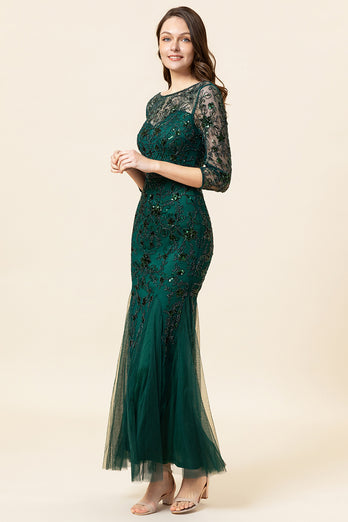 Dark Green Long Sleeves Beading Formal Dress with 3/4 Sleeves