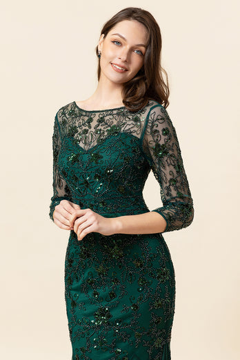 Dark Green Long Sleeves Beading Formal Dress with 3/4 Sleeves