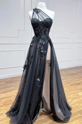 A Line One Shoulder Black Corset Prom Dress with Appliques