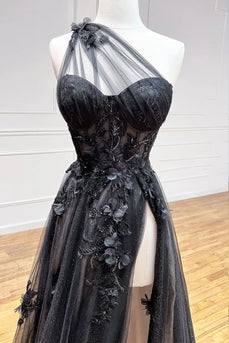 A Line One Shoulder Black Corset Prom Dress with Appliques