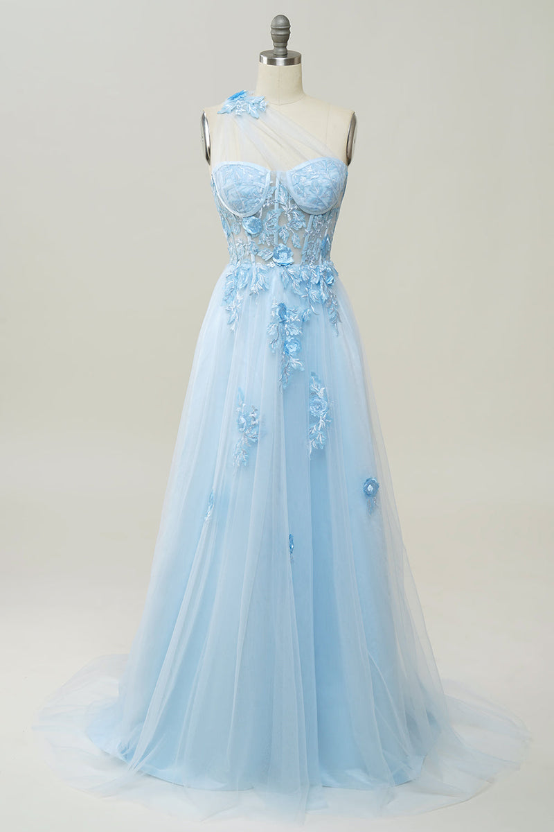 Load image into Gallery viewer, A Line One Shoulder Sky Blue Long Prom Dress with Appliques