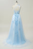 Load image into Gallery viewer, A Line One Shoulder Sky Blue Long Prom Dress with Appliques