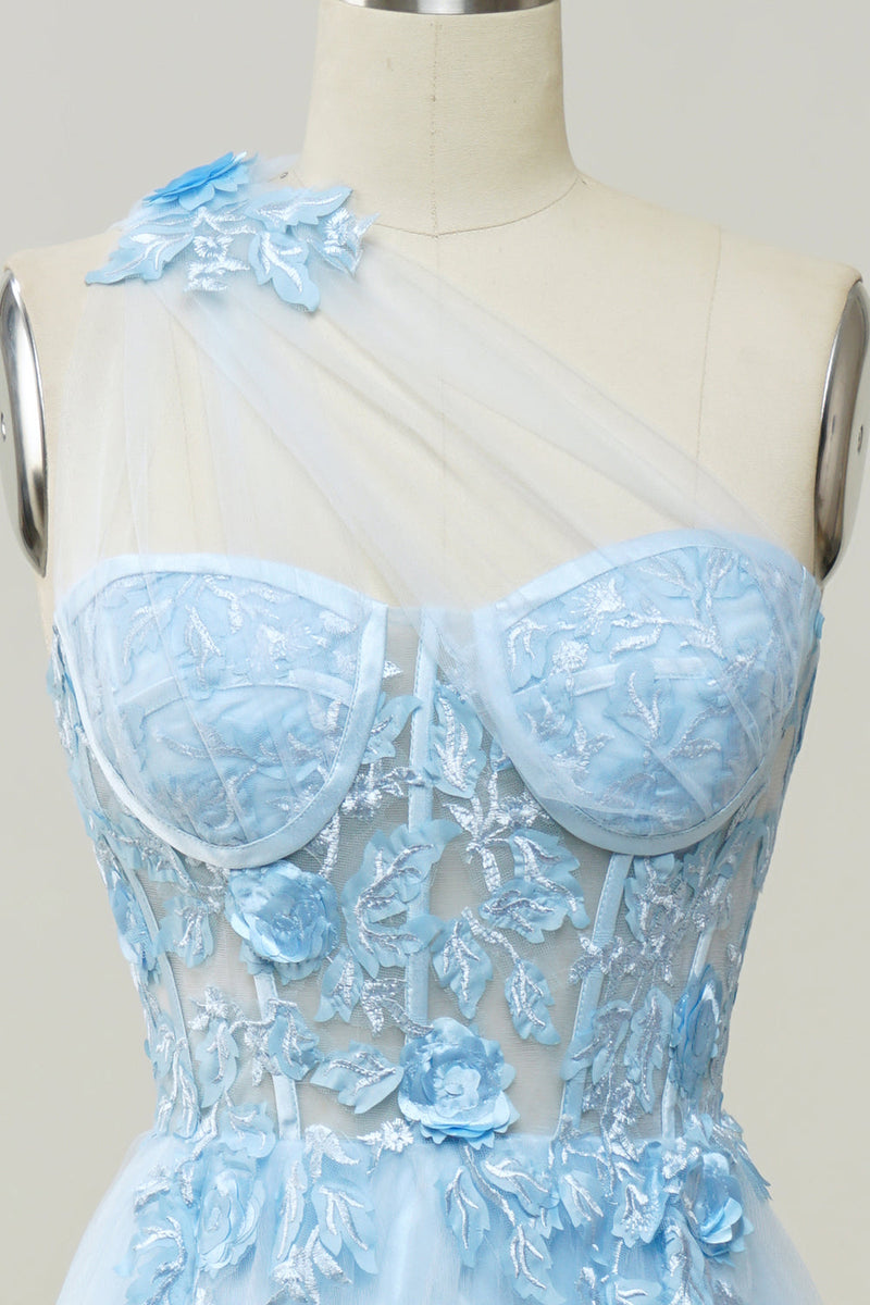 Load image into Gallery viewer, A Line One Shoulder Sky Blue Long Prom Dress with Appliques