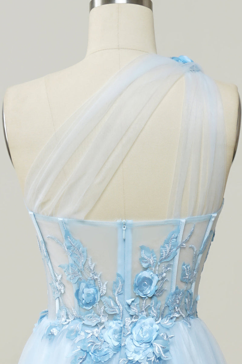 Load image into Gallery viewer, A Line One Shoulder Sky Blue Long Prom Dress with Appliques