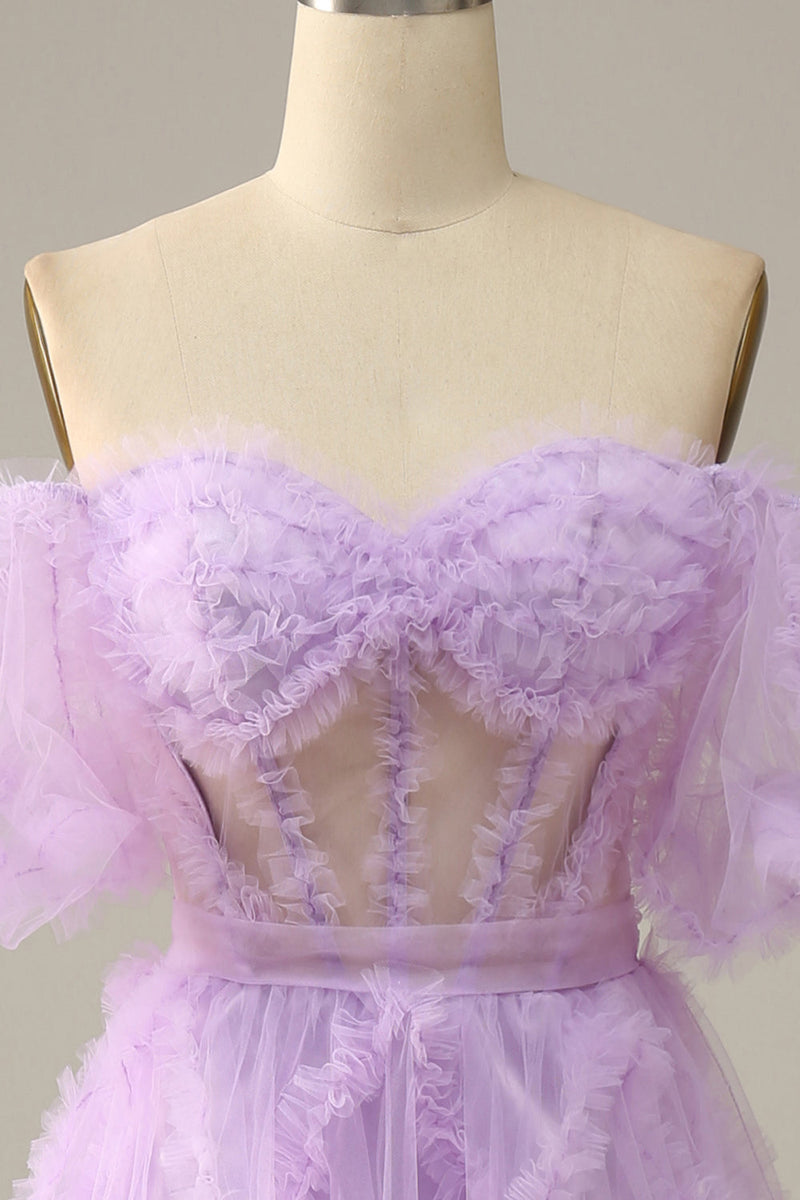 Load image into Gallery viewer, A Line Off the Shoulder Pink Tulle Corset Prom Dress with Bowknot