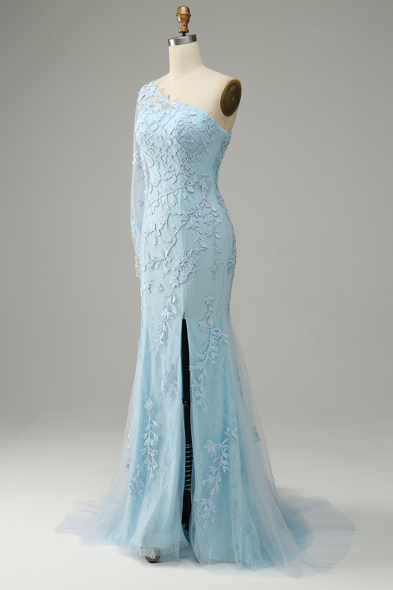 Load image into Gallery viewer, Sky Blue One Shoulder Mermaid Prom Dress With Appliques