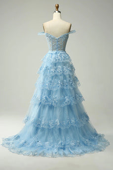 Princess A Line Off the Shoulder Blue Long Prom Dress with Appliques