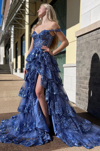 Dark Blue Off The Shoulder Tiered Prom Dress