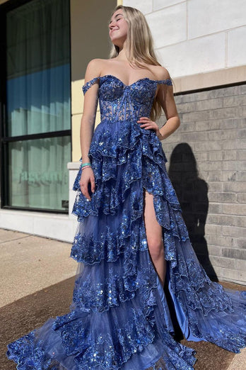 Dark Blue Off The Shoulder Tiered Prom Dress