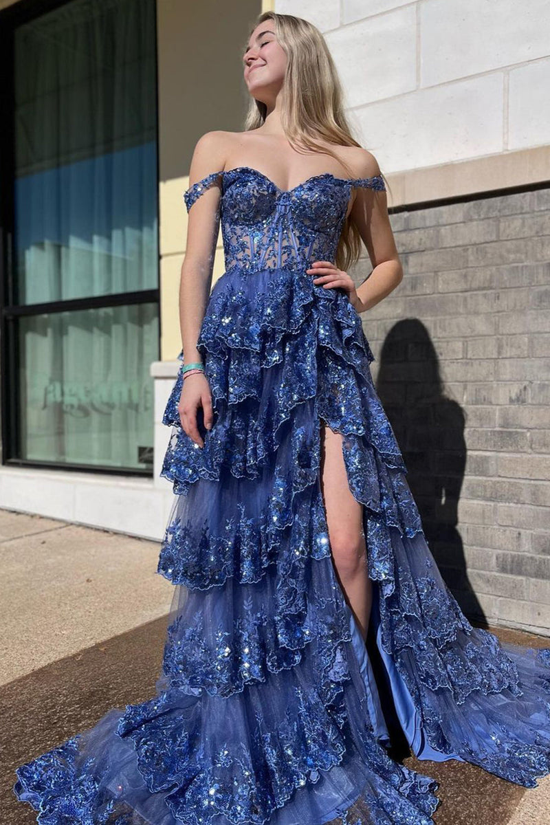 Load image into Gallery viewer, Dark Blue Off The Shoulder Tiered Prom Dress