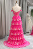 Load image into Gallery viewer, Sparkly Tulle Fuchsia A Line Tiered Long Corset Prom Dress With Appliques