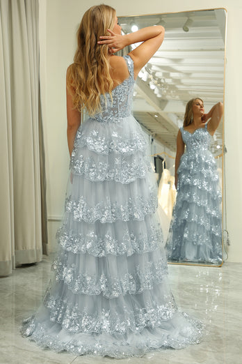 Sparkly Silver A Line Long Corset Prom Dress With Lace