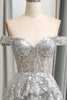 Load image into Gallery viewer, Shiny Silver Tulle A Line Tiered Corset Long Prom Dress With Appliques