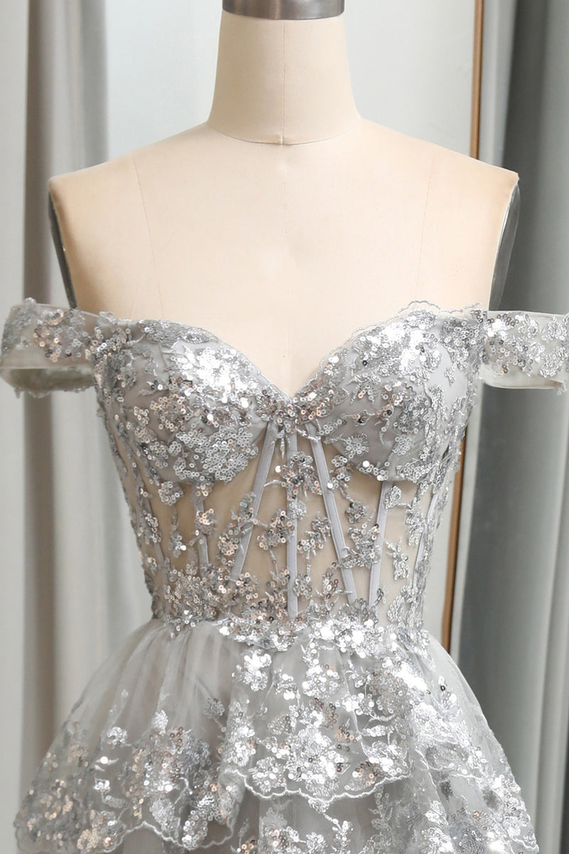 Load image into Gallery viewer, Shiny Silver Tulle A Line Tiered Corset Long Prom Dress With Appliques