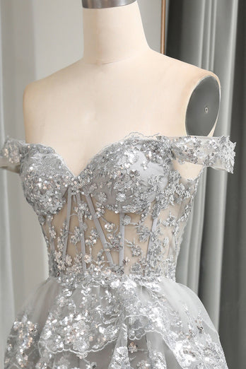 Shiny Silver Tulle A Line Tiered Corset Long Prom Dress With Appliques