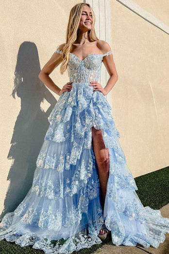 Dark Blue Off The Shoulder Tiered Prom Dress