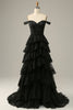 Load image into Gallery viewer, Black Off The Shoulder Tiered Prom Dress