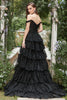 Load image into Gallery viewer, Long Off The Shoulder Black Tiered Prom Dress