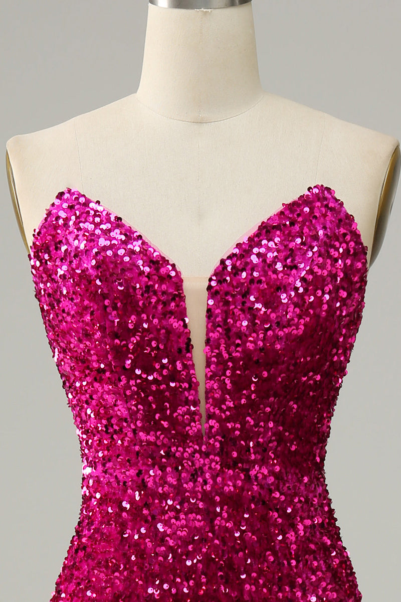 Load image into Gallery viewer, Hot Pink Strapless Sequin Prom Dress with Slit