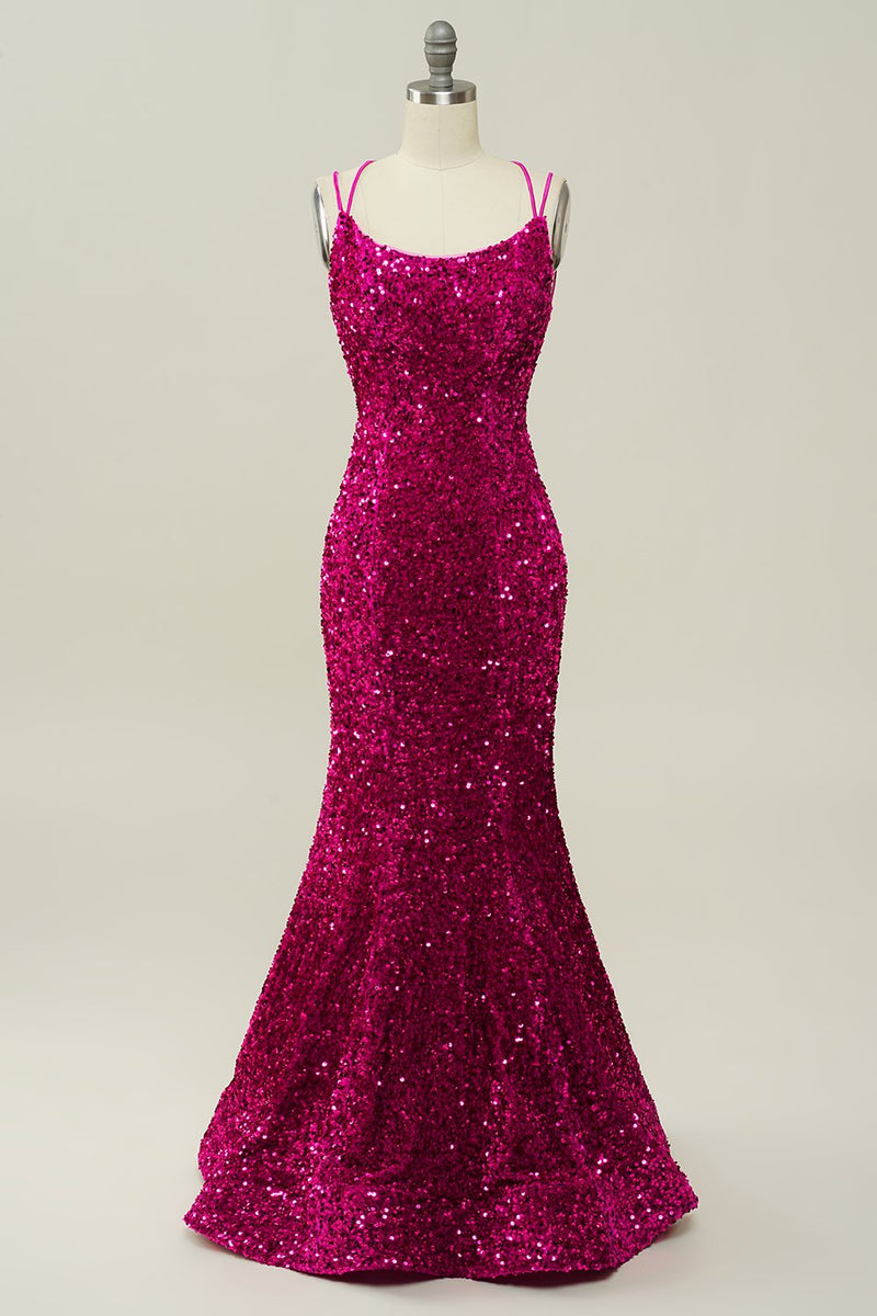 Load image into Gallery viewer, Hot Pink Sequin Spaghetti Straps Mermaid Prom Dress with Lace-up Back