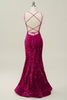 Load image into Gallery viewer, Hot Pink Sequin Spaghetti Straps Mermaid Prom Dress with Lace-up Back