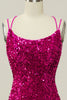 Load image into Gallery viewer, Hot Pink Sequin Spaghetti Straps Mermaid Prom Dress with Lace-up Back