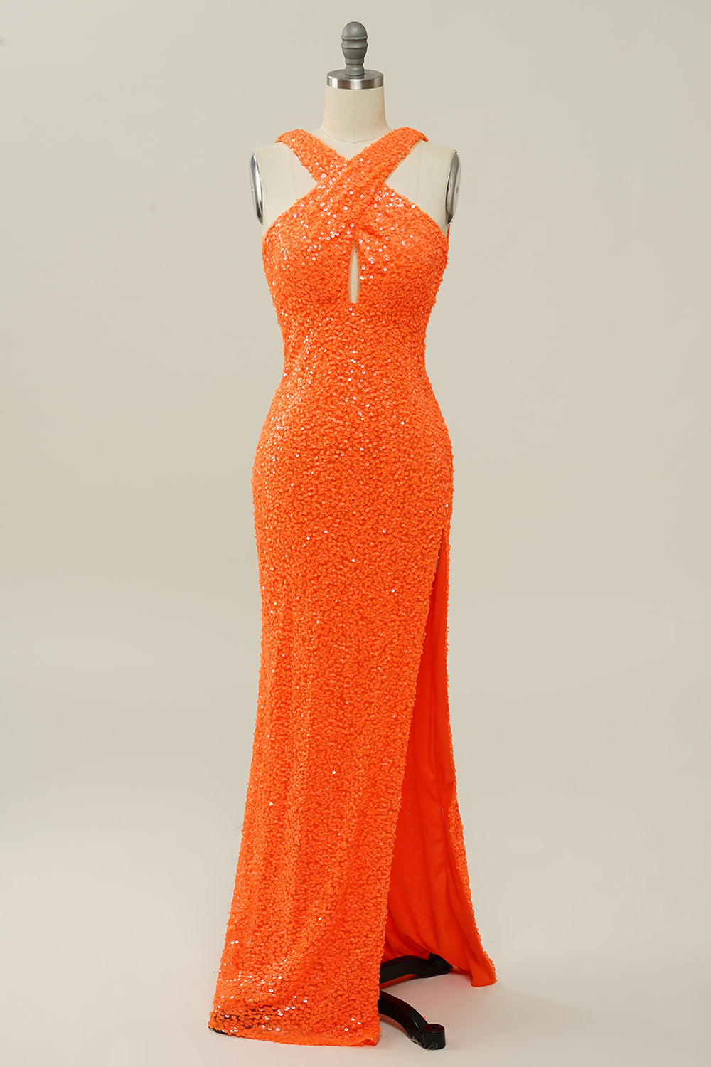 Orange Halter Sequined Backless Mermaid Prom Dress