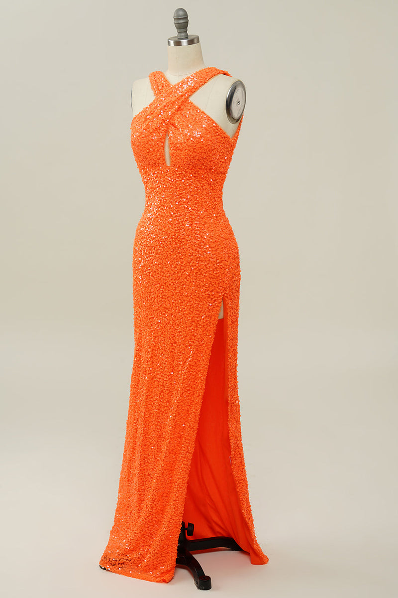 Load image into Gallery viewer, Orange Halter Sequined Backless Mermaid Prom Dress