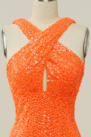 Orange Halter Sequined Backless Mermaid Prom Dress