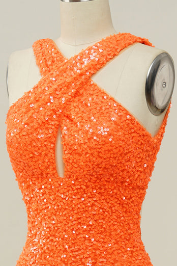 Orange Halter Sequined Backless Mermaid Prom Dress