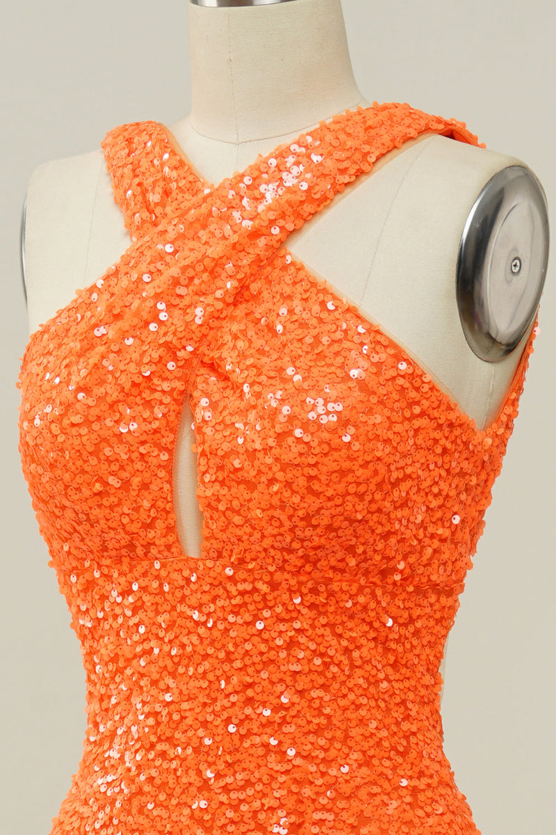 Load image into Gallery viewer, Orange Halter Sequined Backless Mermaid Prom Dress