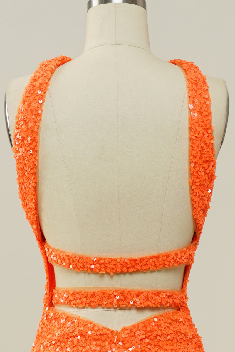 Load image into Gallery viewer, Orange Halter Sequined Backless Mermaid Prom Dress