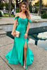 Load image into Gallery viewer, Green Corset Off the Shoulder Long Prom Dress with Slit